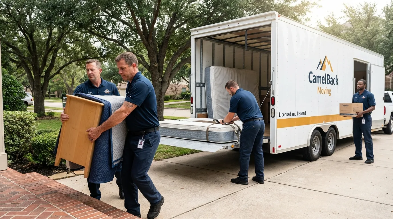 Crew loading residential truck for cross-state move from Mabank, TX