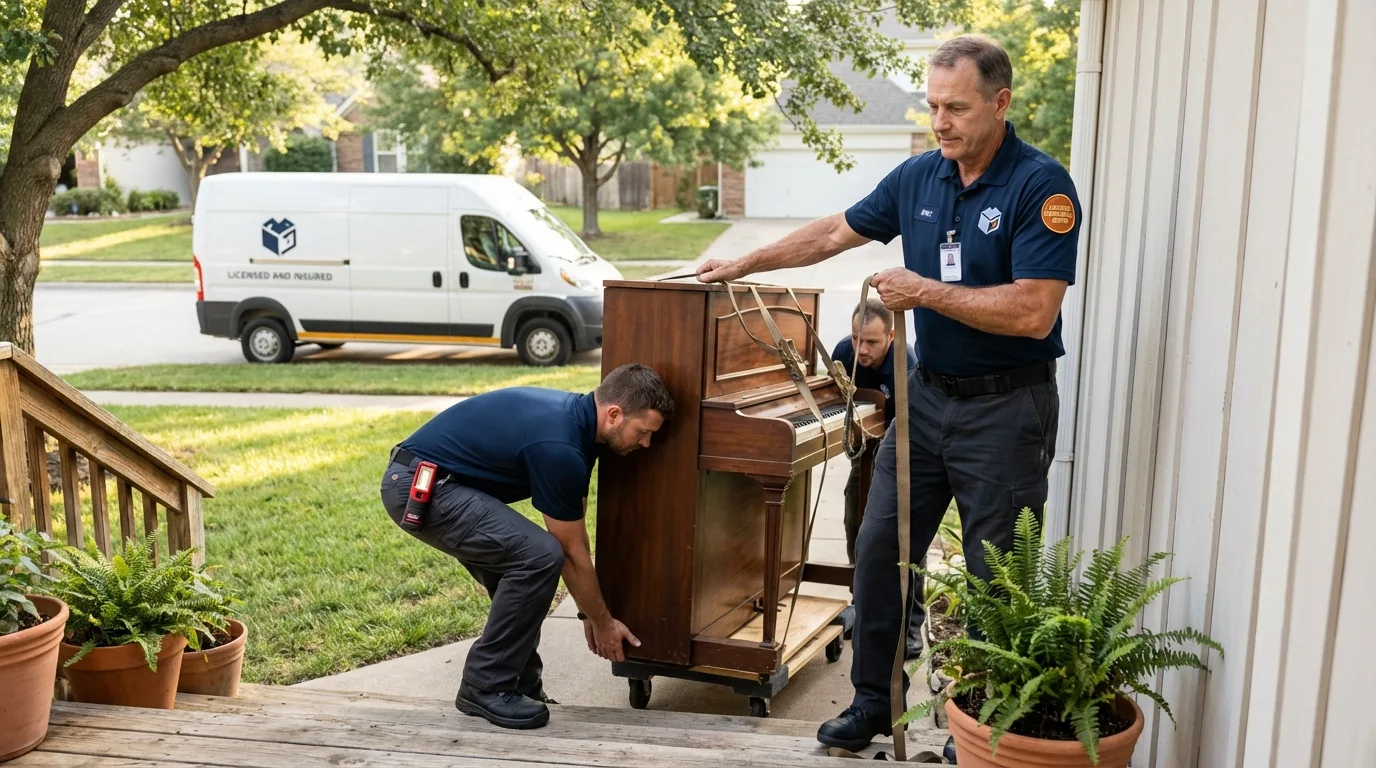 Licensed piano movers securing grand piano in Mabank, TX