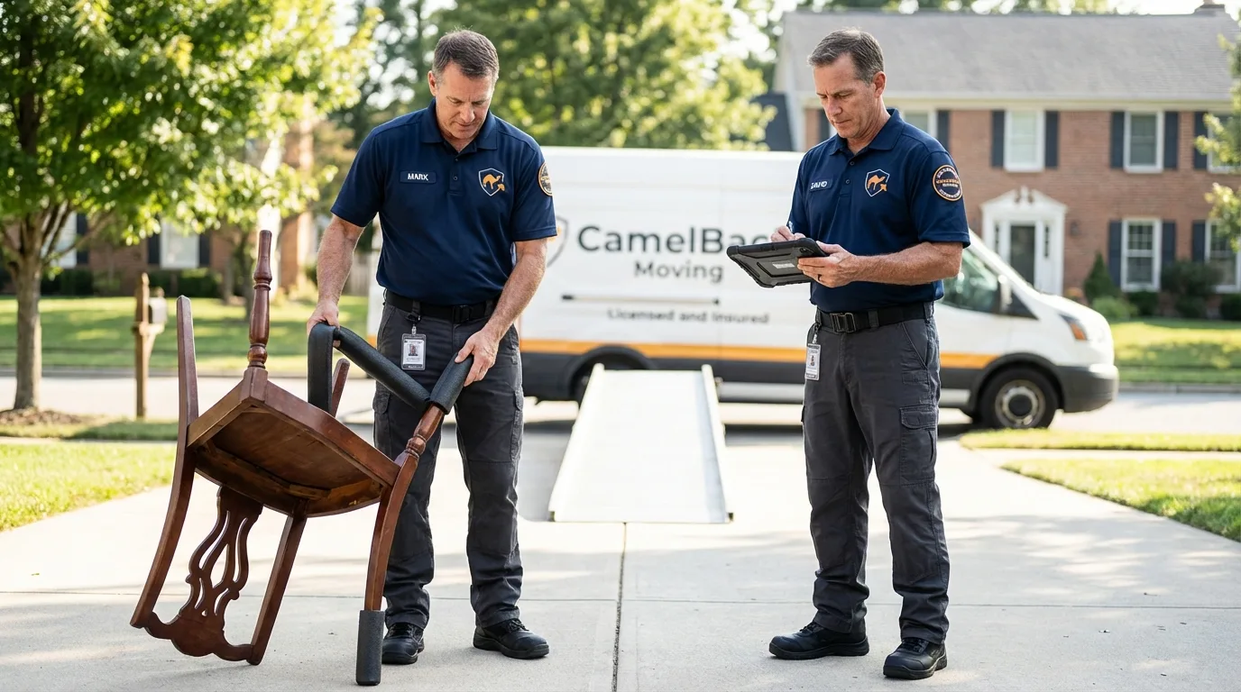 Movers inspecting furniture for damage prevention before loading in Mabank, TX